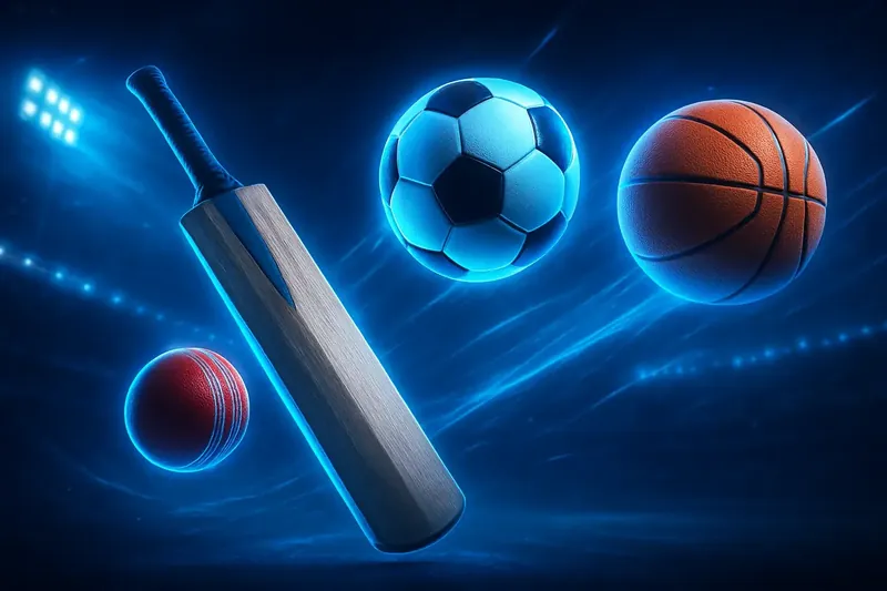 Dynamic sports collage with cricket bat, ball, football and basketball on dark neon background