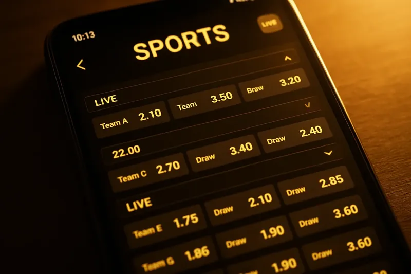 Close-up smartphone sports betting app with glowing odds and live scores