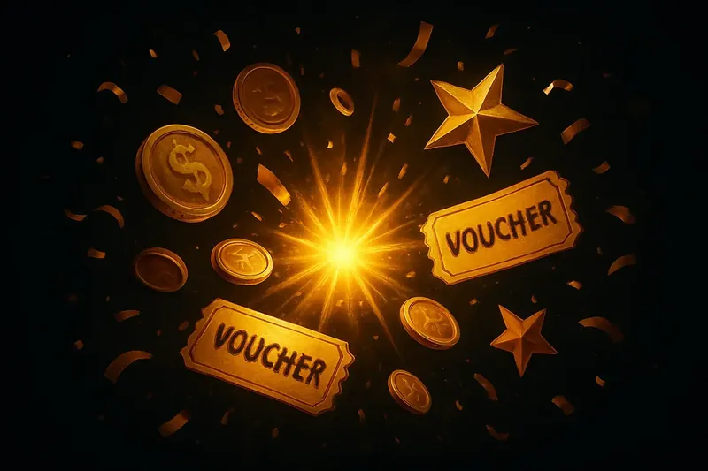 Explosive Bonus Rewards Explosion of bonus rewards with golden coins, vouchers, stars and confetti