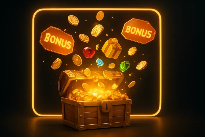 Golden treasure chest bursting with coins, gems, gifts and glowing bonus tags