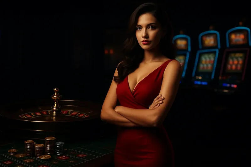 Bangladesh casino banner with elegant woman near roulette and slot machines