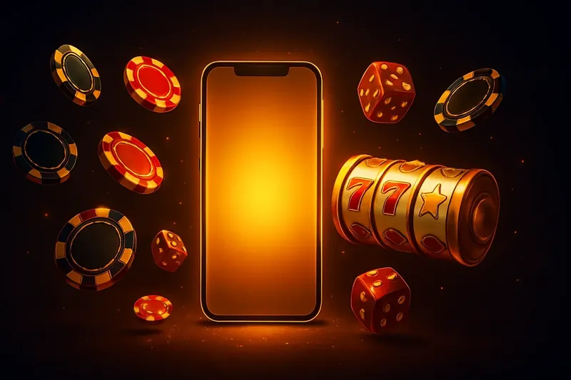 Glowing smartphone with floating casino chips, slot reels and dice on dark gold background