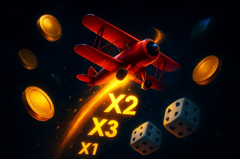 Dynamic Aviator-style crash game with red airplane, glowing multiplier trail, coins and dice